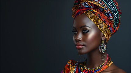 An attractive African woman wearing traditional headwear and jewelry against a black background with copy space.