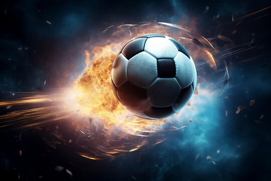 Soccer ball, abstract image of a ball on fire with sparks, explosion from impact, dark background