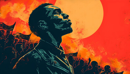 A powerful illustration poster for Black History Month and the Black Lives Matter movement, featuring a black man leading a protesting crowd of people.