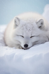 Naklejka premium Close-Up of an Arctic fox (Vulpes lagopus) sleeping in the snow