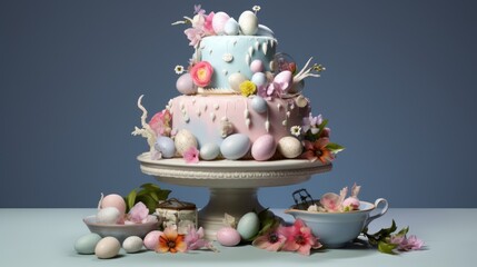  a three tiered cake sitting on top of a table next to a bowl of flowers and a bowl of fruit.