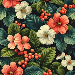 Vintage Botanical Berries and Flowers Seamless Fabric Pattern