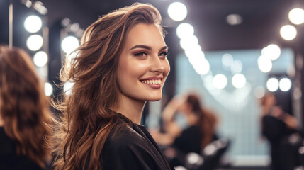 Obraz premium Portrait of a beautiful young woman with long hair, with bright makeup and a chic hairstyle