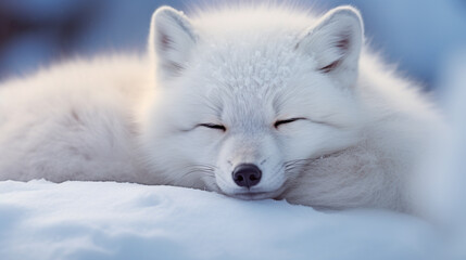 Obraz premium Close-Up of an Arctic fox (Vulpes lagopus) sleeping in the snow