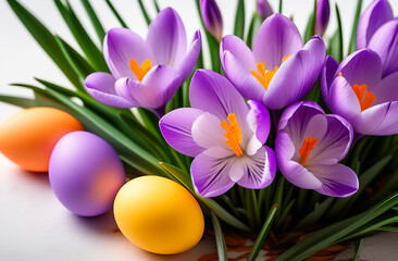 Spring composition with purple crocus flowers and easter eggs, Happy easter concept
