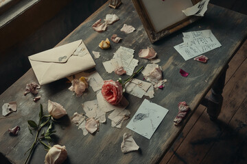 a scene of a forgotten table scattered with unopened love letters, wilted flowers, and remnants of Valentine's Day celebrations, portraying a poignant sense of loneliness