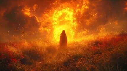  a person standing in the middle of a field in front of a large fireball that is in the sky.