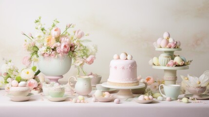  a table topped with a cake covered in frosting next to cups and saucers filled with flowers and eggs.