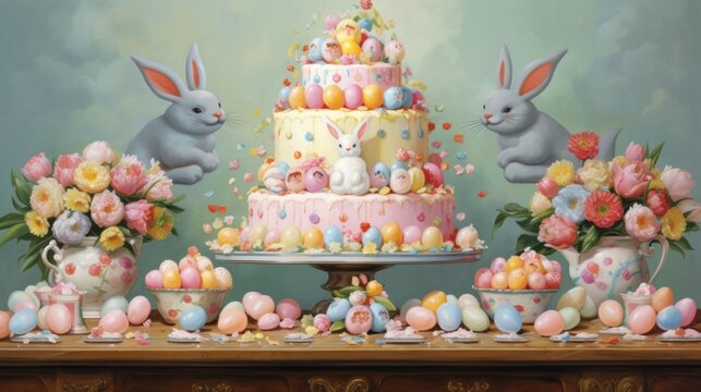  a painting of a table topped with a cake covered in eggs and bunnies next to bunnies and flowers.