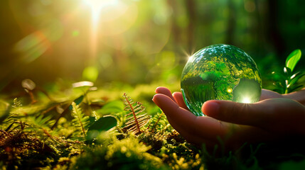 glass ball in hands on a background of nature. Selective focus.
