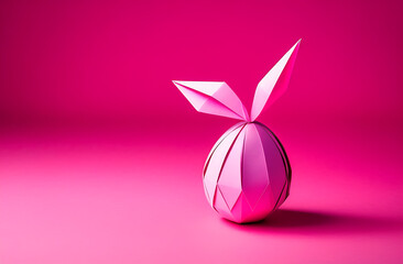 Easter egg with bunny ears, paper origami egg, minimalism on a bright pink background, Easter greeting card concept with copy space