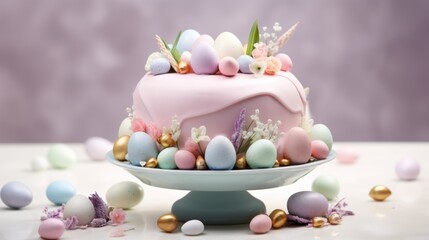  a cake decorated with pastel eggs and flowers on a cake platter surrounded by confetti and eggs.
