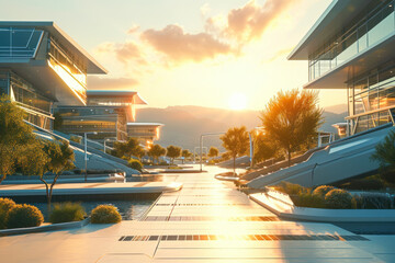 A futuristic image capturing the high-tech atmosphere of Silicon Valley with modern architecture, tech campuses, and innovation hubs.