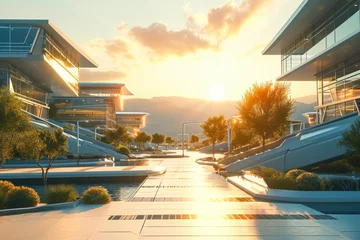 Fotobehang A futuristic image capturing the high-tech atmosphere of Silicon Valley with modern architecture, tech campuses, and innovation hubs. © Hunman