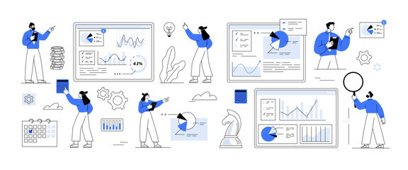 Business intelligence. Financial modeling tools. Business strategy tools set. Business plan, data mining, analysis Strategy measurement benchmarking, report and management. Characters analyzing graphs