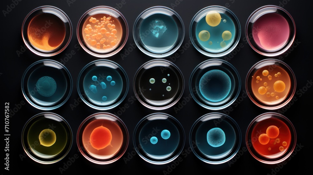 Poster  a set of nine petri dishes filled with different colored petri dishes, all of which are filled with different colored petri dishes.