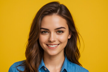 Fototapeta premium Smiling young girl with a blue shirt on a yellow background