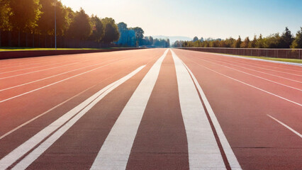 running track in the stadium with rubber cover. Pristine Running Track. Smooth Surface Ready for Runners in the sunny morning, sport concept 