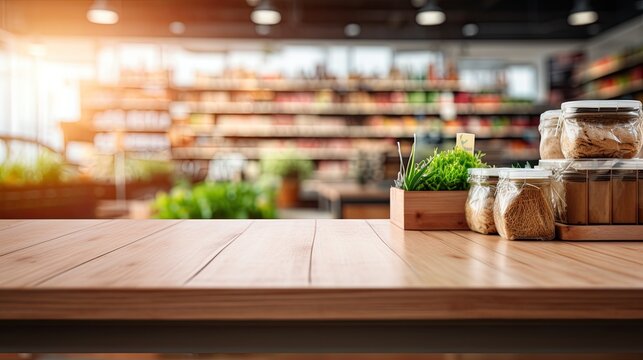 Wooden Table Product Display in Blurred Cafe Interior