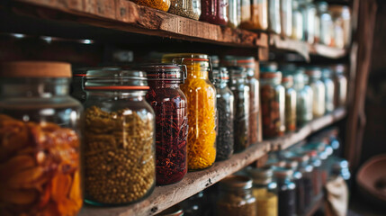 Various dried vegetables and fruits in jars. Selective focus.