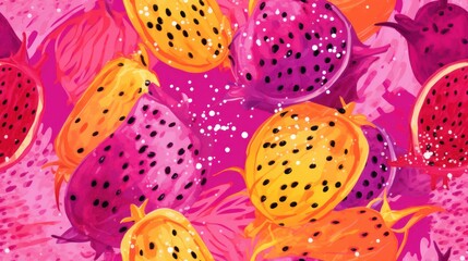  a painting of a bunch of fruit on a pink and pink background with black dots on the top of the fruit.