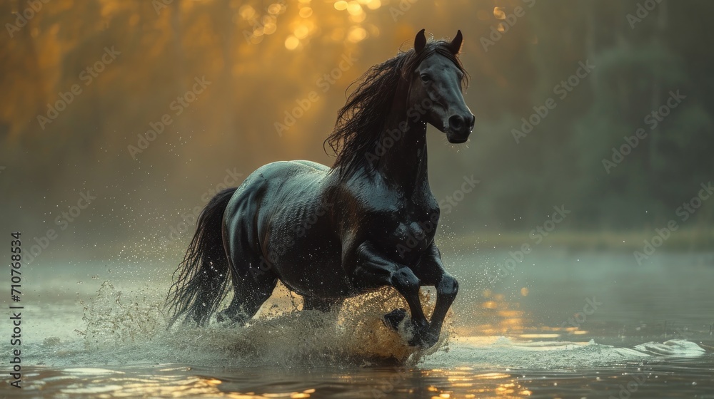 Poster a black horse running through a body of water with a forest in the backgroup of it's back.