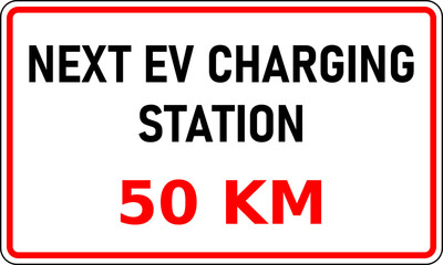 Vector graphic of road sign showing the next EV charging station is 50 kilometers away. This information would be useful in reducing range anxiety