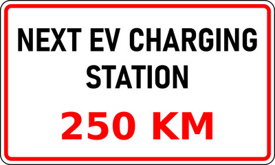 Vector graphic of road sign showing the next EV charging station is 250 kilometers away. This information would be useful in reducing range anxiety