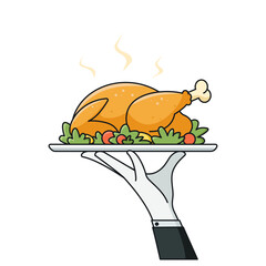 Hand of waiter holding serving plate with baked bird. Roast turkey or chicken on platter for traditional holiday dinner. Vector flat cartoon illustration