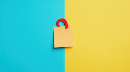  a piece of paper with a red handle on a blue and yellow background with a red handle on a yellow and blue background. - obrazy, fototapety, plakaty
