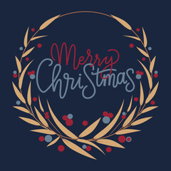 A navy blue backdrop sets off the golden wreath and red berries that frame the elegant Merry Christmas calligraphy in this festive illustration