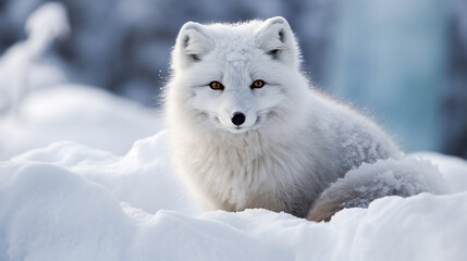 Naklejka premium Close-Up of an Arctic fox (Vulpes lagopus) sitting in the snow