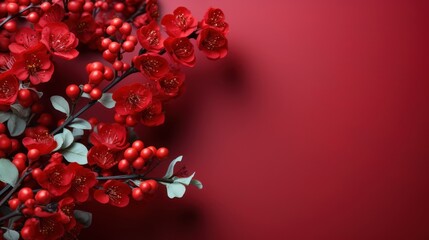  a close up of a bunch of red flowers with green leaves on a red background with a place for text.