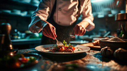 The chef makes a presentation of the dish. Selective focus. - obrazy, fototapety, plakaty