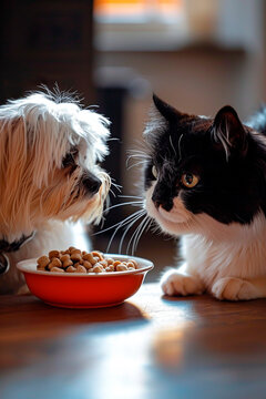 Naklejki A dog and a cat eat from the same plate. Selective focus.