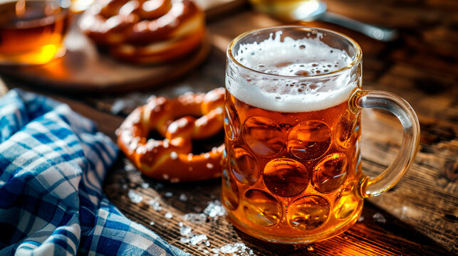 A mug of beer and a pretzel bun on the table. Selective focus.