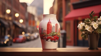  a vase with a picture of a city on it next to a vase with a picture of a city on it. - obrazy, fototapety, plakaty