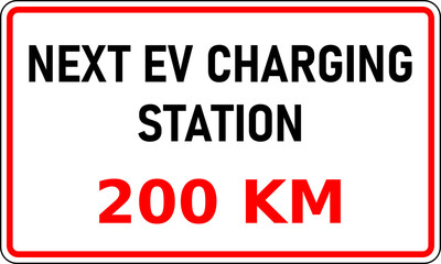 Transparent PNG of road sign showing the next EV charging station is 200 kilometers away. This information would be useful in reducing range anxiety