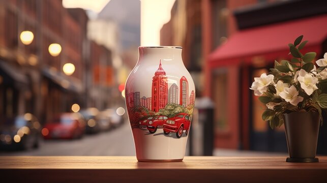  a vase with a picture of a city on it next to a vase with a picture of a city on it.