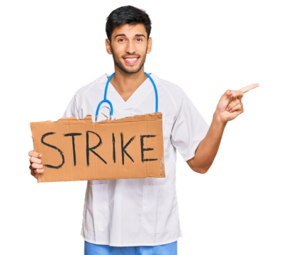 Young handsome man wearing doctor uniform holding strike banner cardboard smiling happy pointing with hand and finger to the side