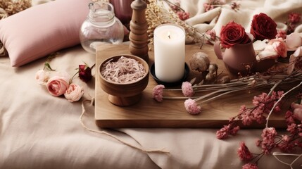 Obraz na płótnie Canvas a wooden tray topped with a candle next to a bowl of dried flowers and a vase filled with pink roses.