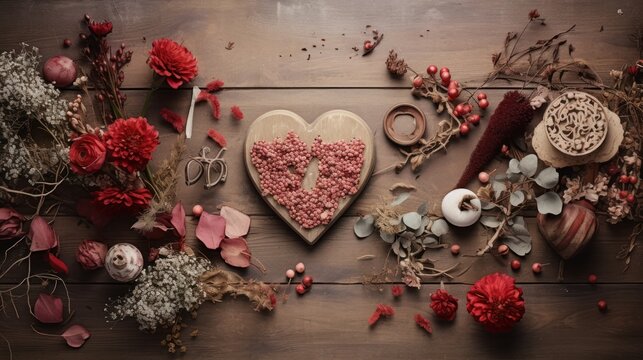  a wooden table topped with lots of different types of flowers and a heart shaped object on top of a wooden table.
