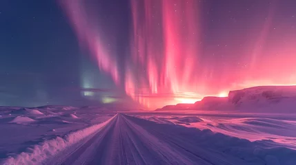 Photo sur Plexiglas Aurores boréales A snowy landscape, with surreal neon auroras and pastel skies, during a mystical night, capturing the Psychic Waves mood of escapism and surrealism