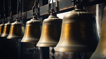 Golden Bells in a Row Hanging from Dark Wood Beam