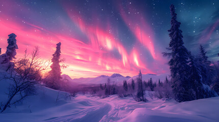 A snowy landscape, with surreal neon auroras and pastel skies, during a mystical night, capturing the Psychic Waves mood of escapism and surrealism
