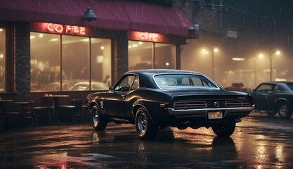 Old black classic muscle car near café on he street. AI generated - obrazy, fototapety, plakaty