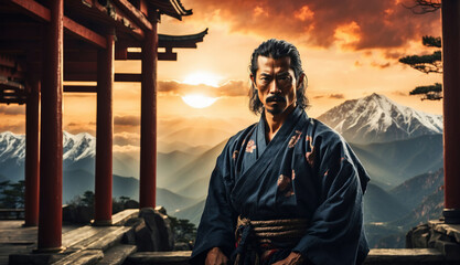 Warrior Chinese man in high mountains at sunset. AI generated - obrazy, fototapety, plakaty