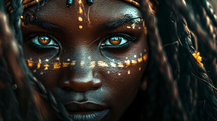 Beautiful african tribe woman,  rasta hair, she is looking straight into the camera,  black background