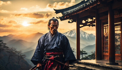 Warrior Chinese man in high mountains at sunset. AI generated