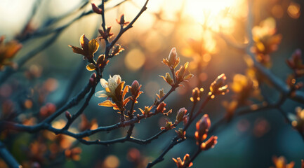 the tender emergence of buds and first signs of spring - obrazy, fototapety, plakaty